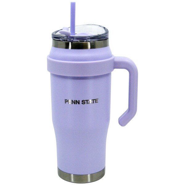 lavender travel mug with handle, straw, and Penn State